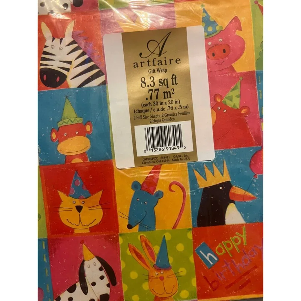 Vintage Artfaire Gift Wrap Sealed Party Animals Abstract Gift Wrap 2 Full Sheets